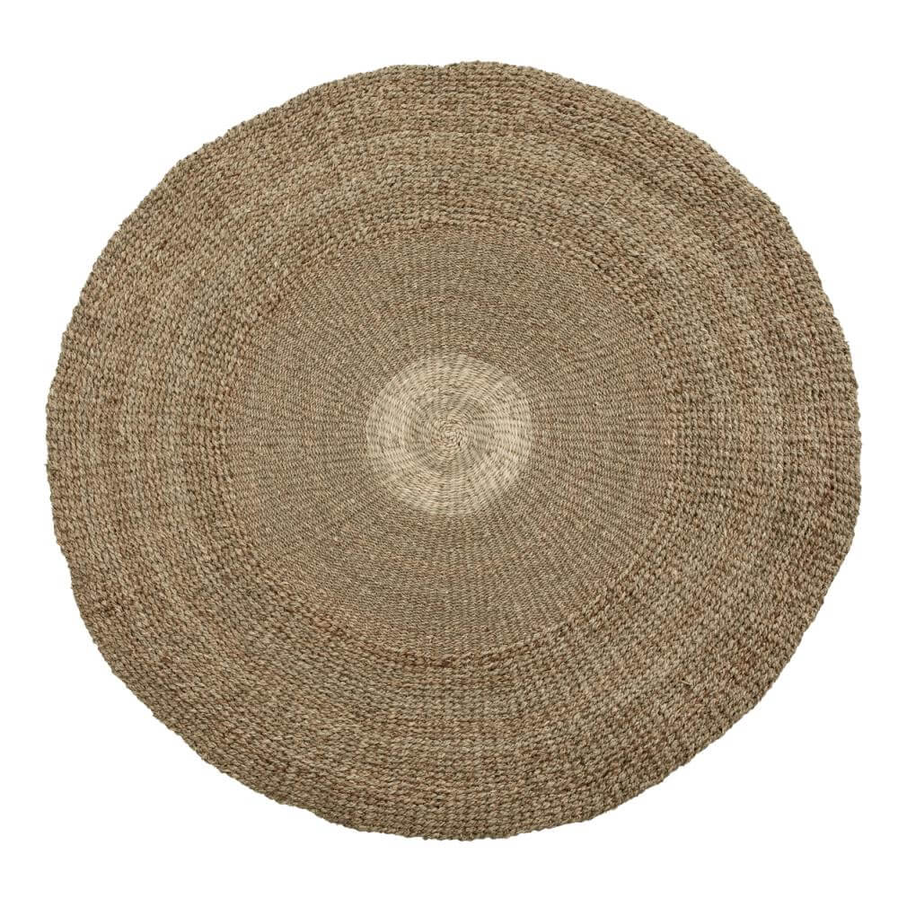 Rond vloerkleed van zeegras, handgemaakt in Vietnam, geïnspireerd door de Mekong River met een boho-kuststijl voor de woonkamer.