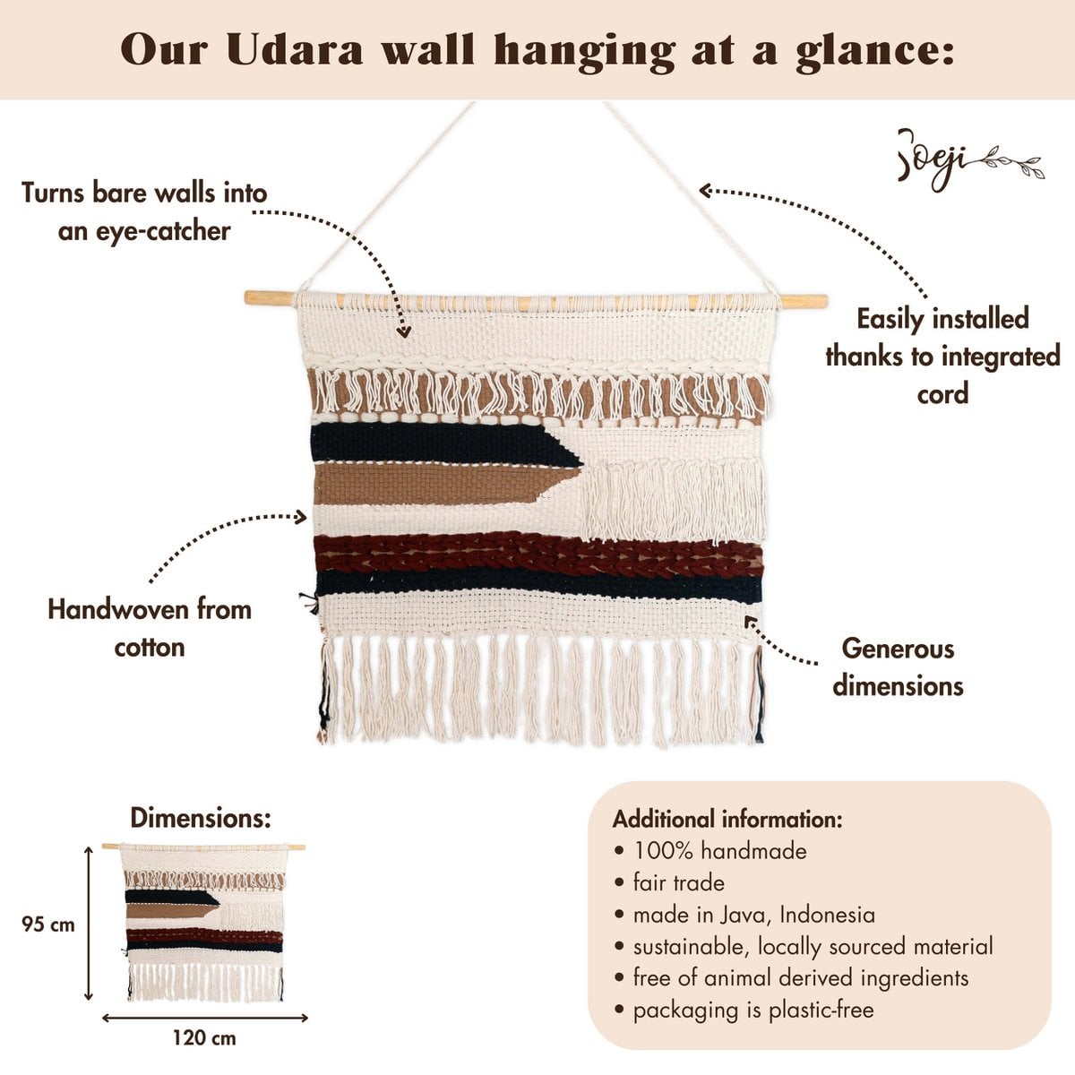 Grote macrame muurhangen - geweven boho wanddecor - moderne katoenen muur hangend natuurlijk materiaal - handgeweven wanddecor 120x95 cm udara