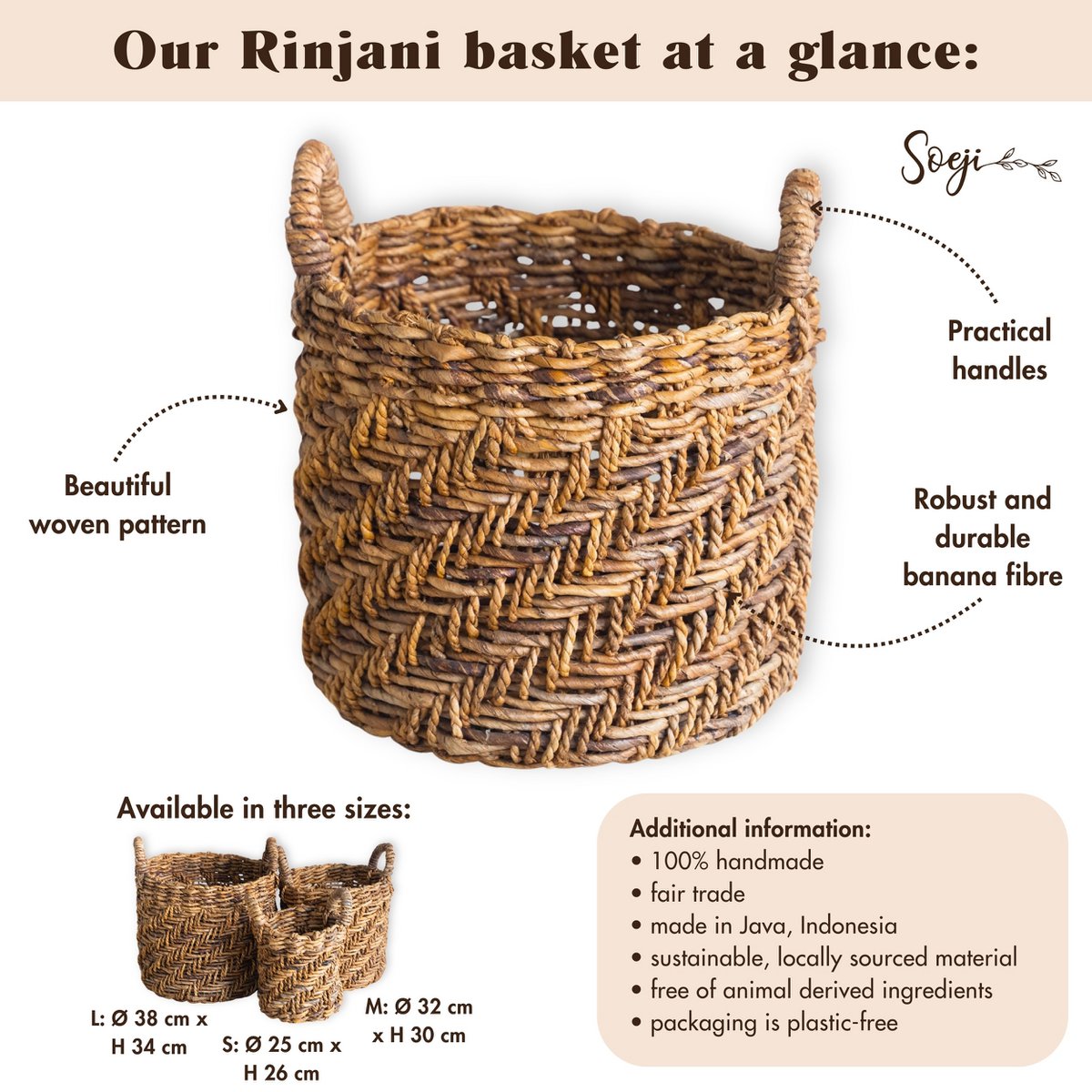 Boho Wasserij of plantenmand - Ronde geweven opslagmand - Decoratieve mand gemaakt van bananenvezel (3 maten Ø 25/32/38 cm) Rinjani