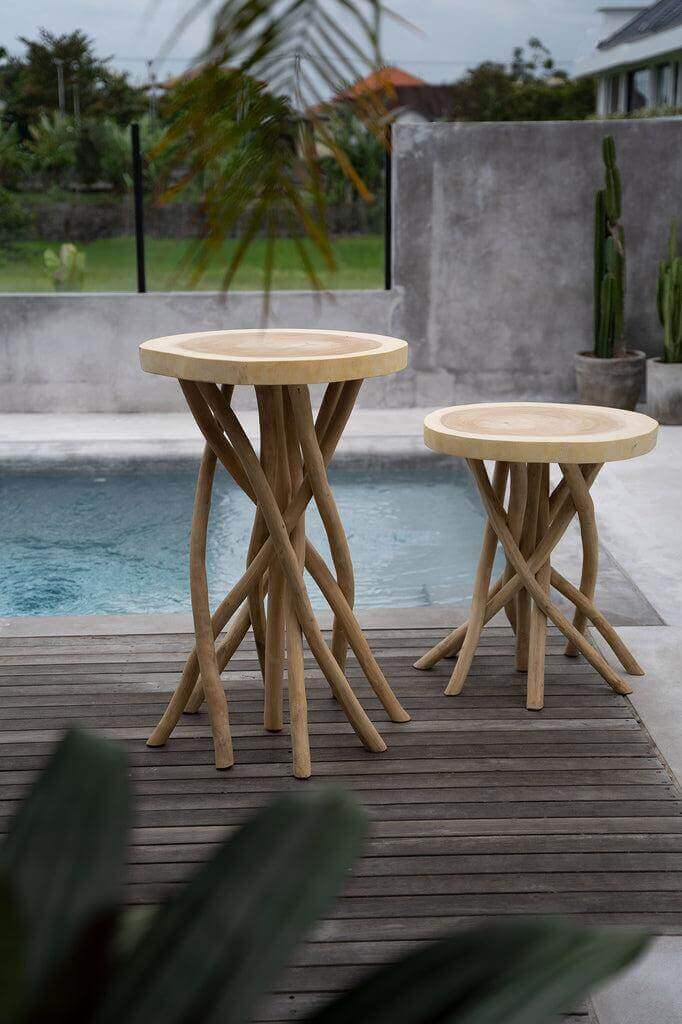 De Gili Bartafel met verstrengelde teakhouten takken bij zwembad, perfect voor een tropische eiland sfeer in uw tuin.