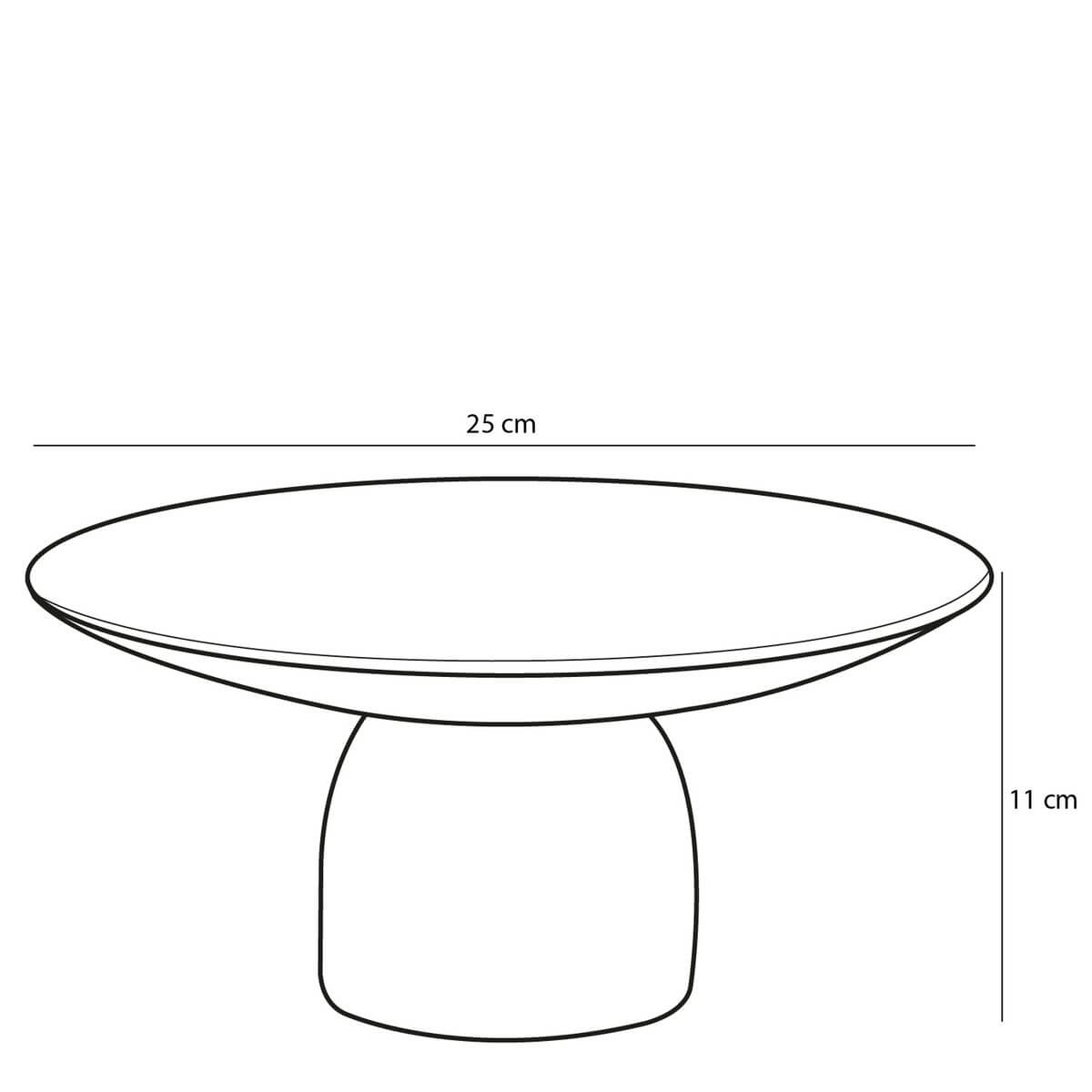 Illustratie van het Finnos taartplateau van Mica Decorations met afmetingen: diameter 25 cm en hoogte 11 cm, marmer-look.