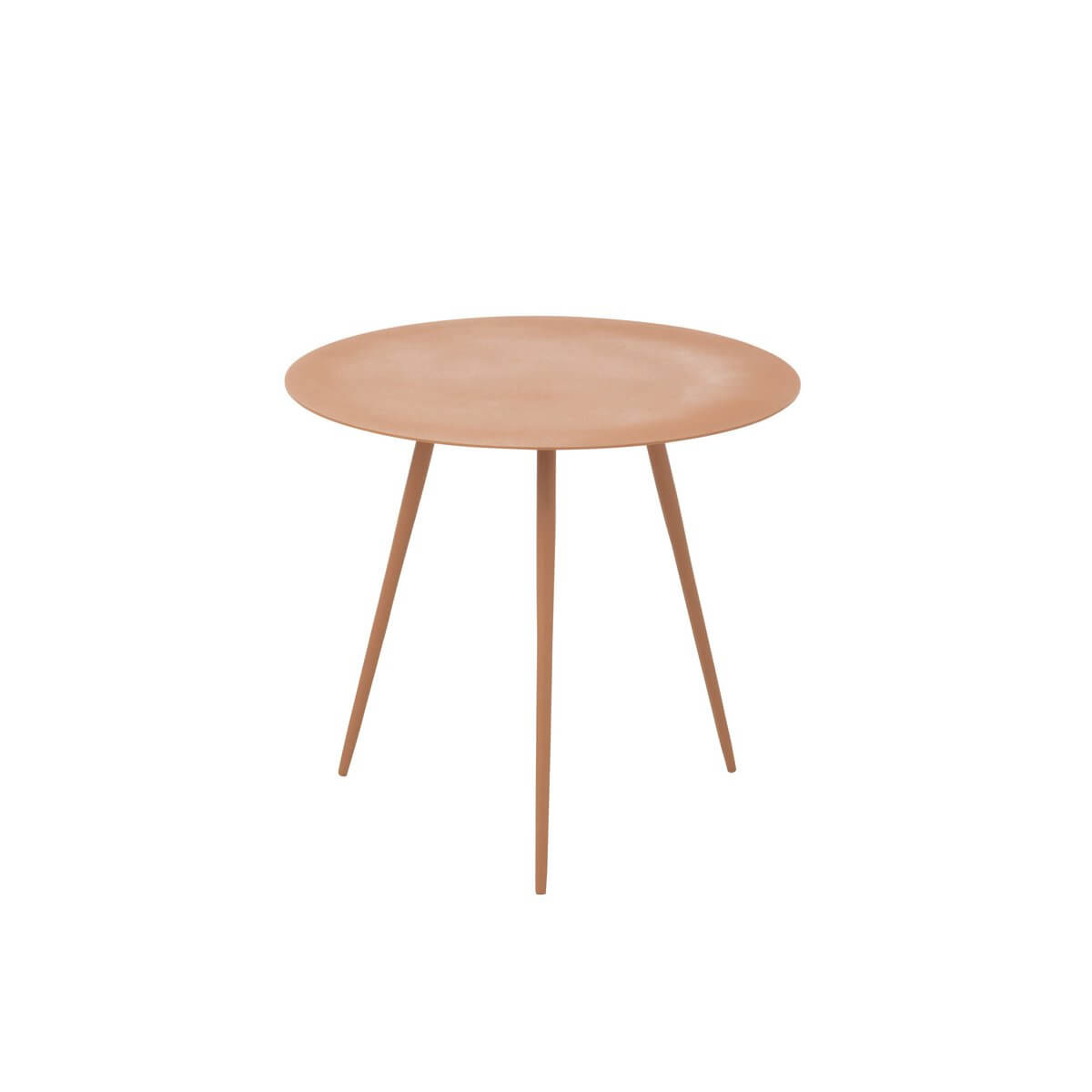 Elegant J-Line bijzettafel in perzikkleurig ijzer met slanke poten, ideaal voor moderne woonkamers als stijlvol statement piece.