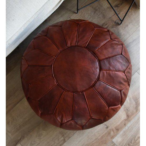 Marokkaanse leren poef honingbruin XL, ideaal voor boho interieur, multifunctioneel als voetenbank of extra zitplaats, handgemaakt.