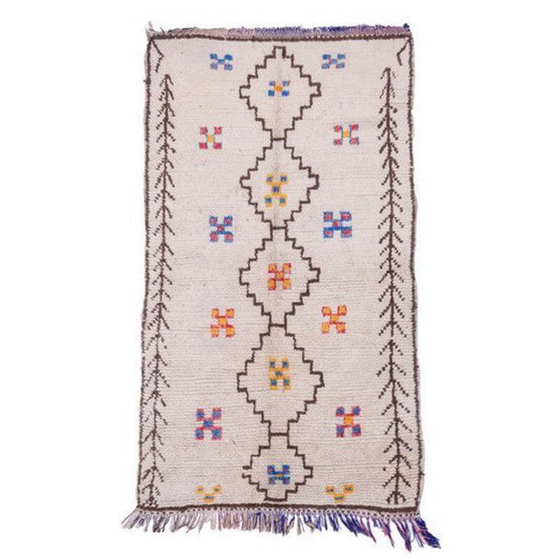 Handgemaakt Marokkaans Berber Azilal vloerkleed, symmetrisch patroon en kleurrijk design, 2,4x1,3m. Perfect voor kinderkamers.