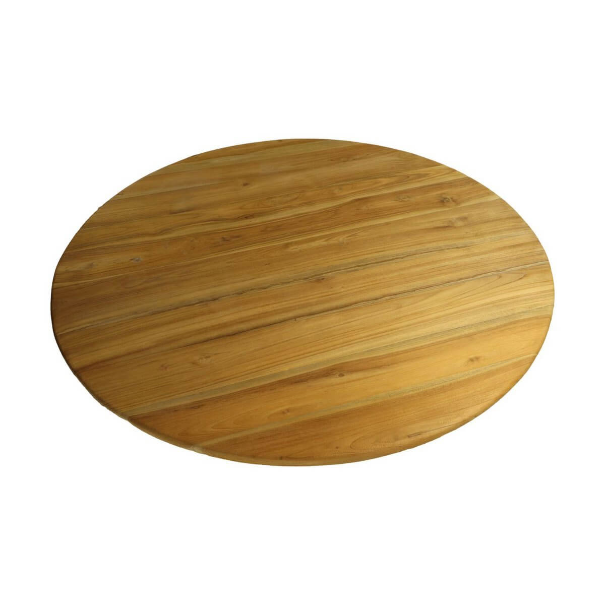 Ronde eettafel van teak, ø120x75, met massief houten blad en natuurlijke vintage look, uniek door ruwe delen en scheuren.