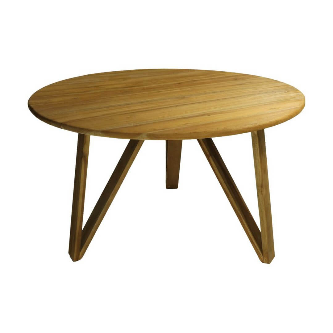 Ronde eettafel van teakhout, 120cm diameter, met vintage uitstraling. Unieke charme door natuurlijke oneffenheden.