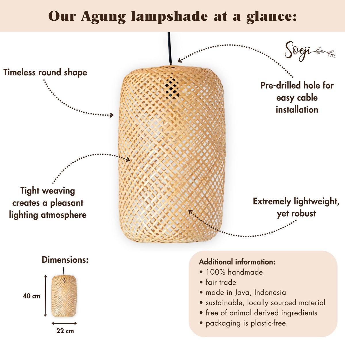 Geweven Bamboe Lampenkap – Handgemaakte Hanglamp AGUNG (Ø 22 cm)