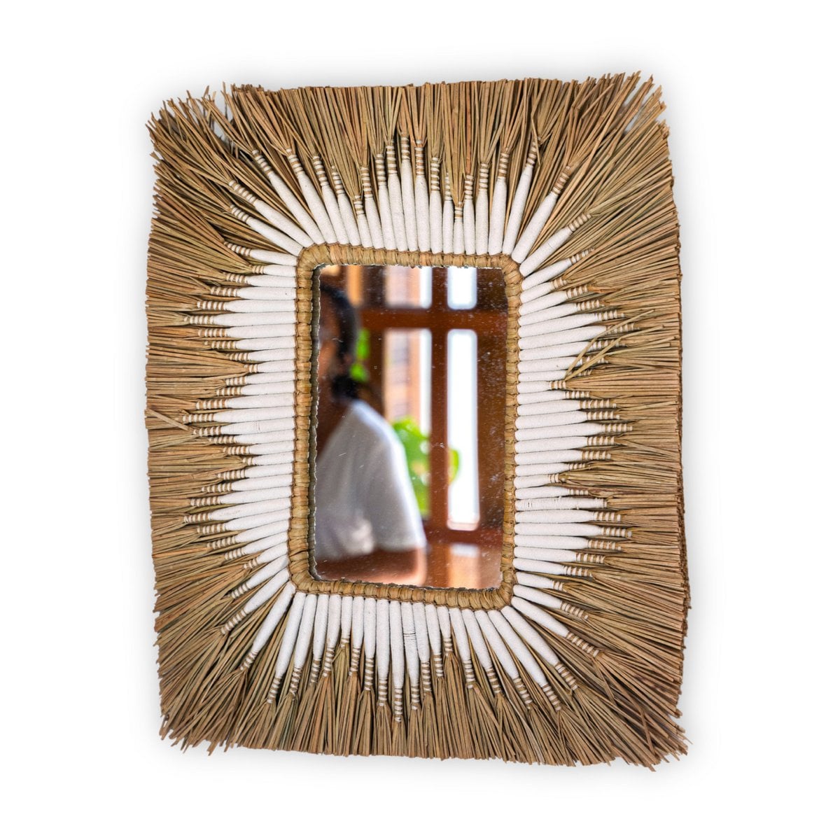 Zeegraswandspiegel - rechthoekige boho -hangende spiegel - randwandspiegel met wit katoenpatroon 60x50 cm kirana