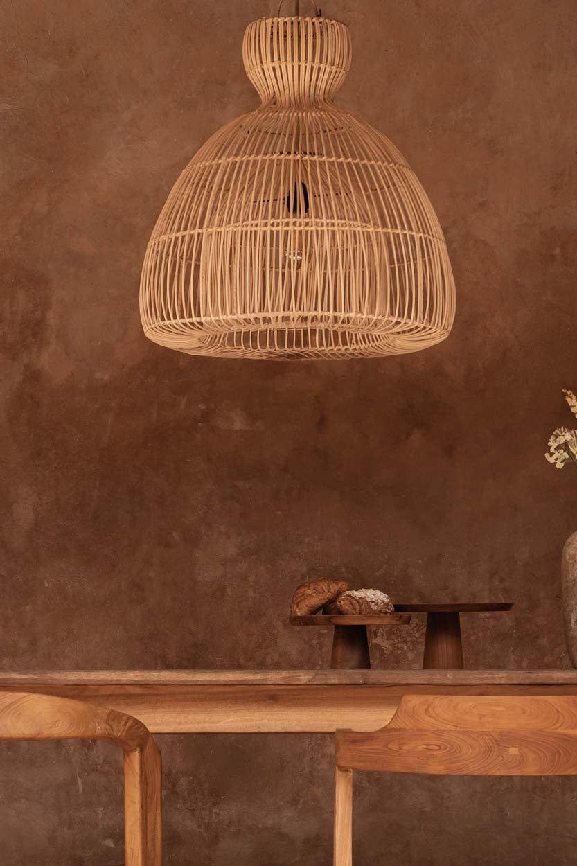 Zijaanzicht van rotan hanglamp matcha 57 cm
