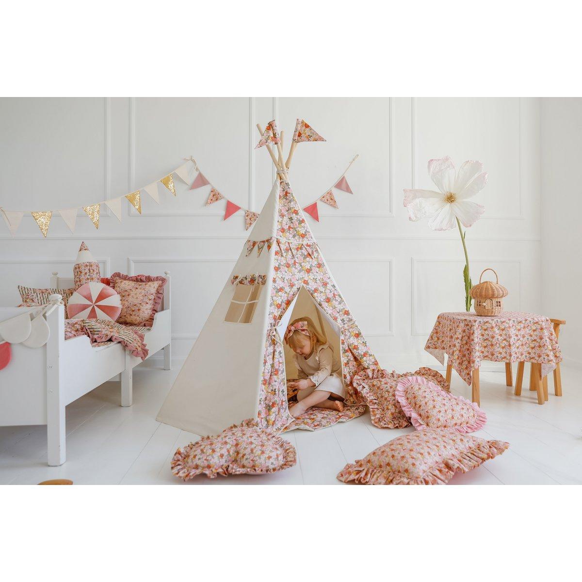 Cotton Tipee Tent voor meisjes met bloemen Afdrukken "Green Garden" bloemen en stijlvolle tent, verjaardagscadeau idee voor meisje, voorjaarshuisdecoratie-Moi Mili-Ik Hout ervan.