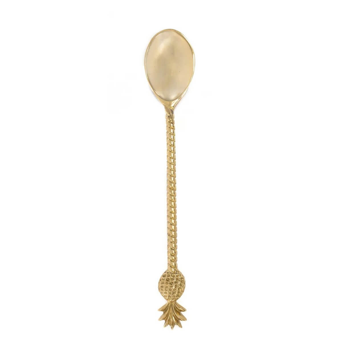 Gold pineapple spoon from De Ananaslepel collection, made of solid brass with bohemian style detailing. Luxurious cutlery for tropical vibes.