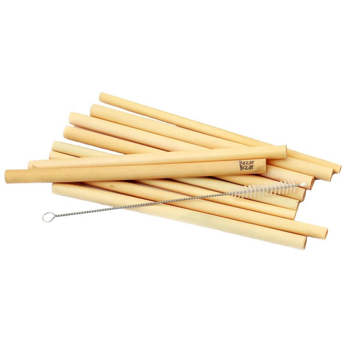 Set of 10 bohemian bamboo straws with cleaning brush, eco-friendly alternative to plastic, perfect for cocktails and smoothies.