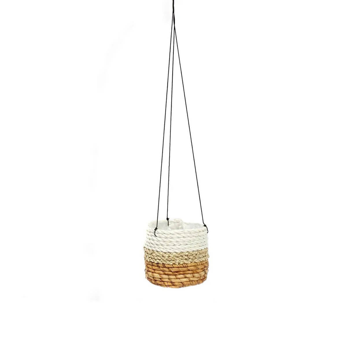 Bohemian Bananenplanthanger in natural white and orange, made from banana leaf and seagrass, perfect for indoor or covered outdoor plants.
