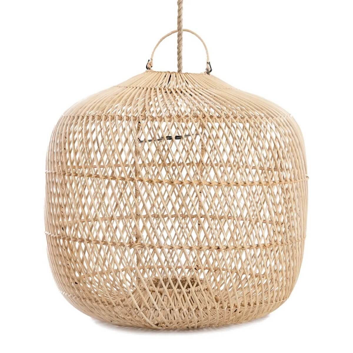 Bohemian style natural rattan De Batu Bolong hanging lamp shade, large size, versatile for hanging or floor use.