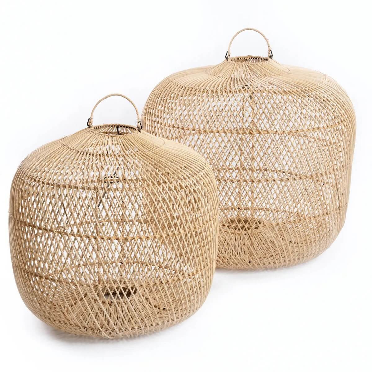 Bohemian-style De Batu Bolong naturel rattan lamp shade duo for versatile home decor. Perfect as hanging or floor lamps.