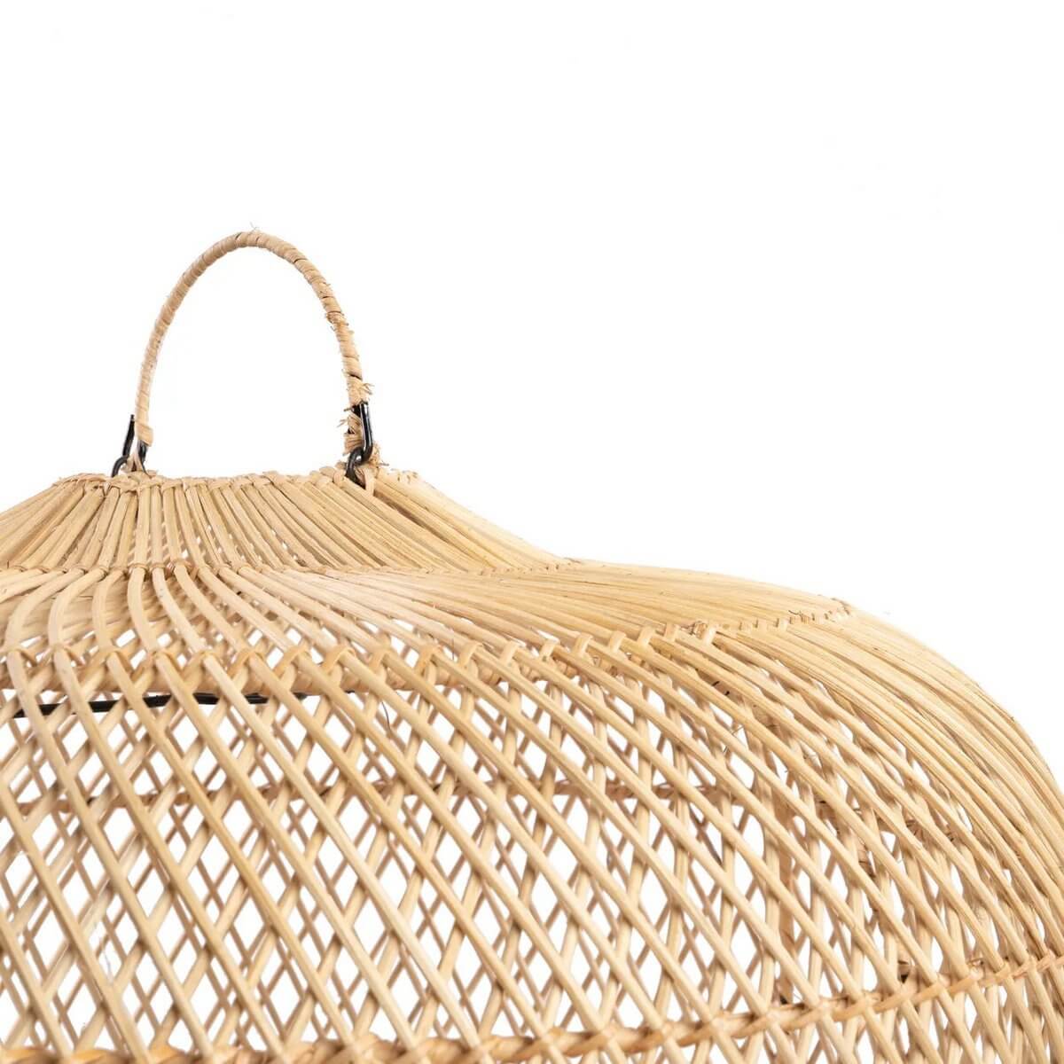 Close-up of a natural rattan Bohemian-style De Batu Bolong lamp shade, versatile as a hanging or floor lamp without wiring.
