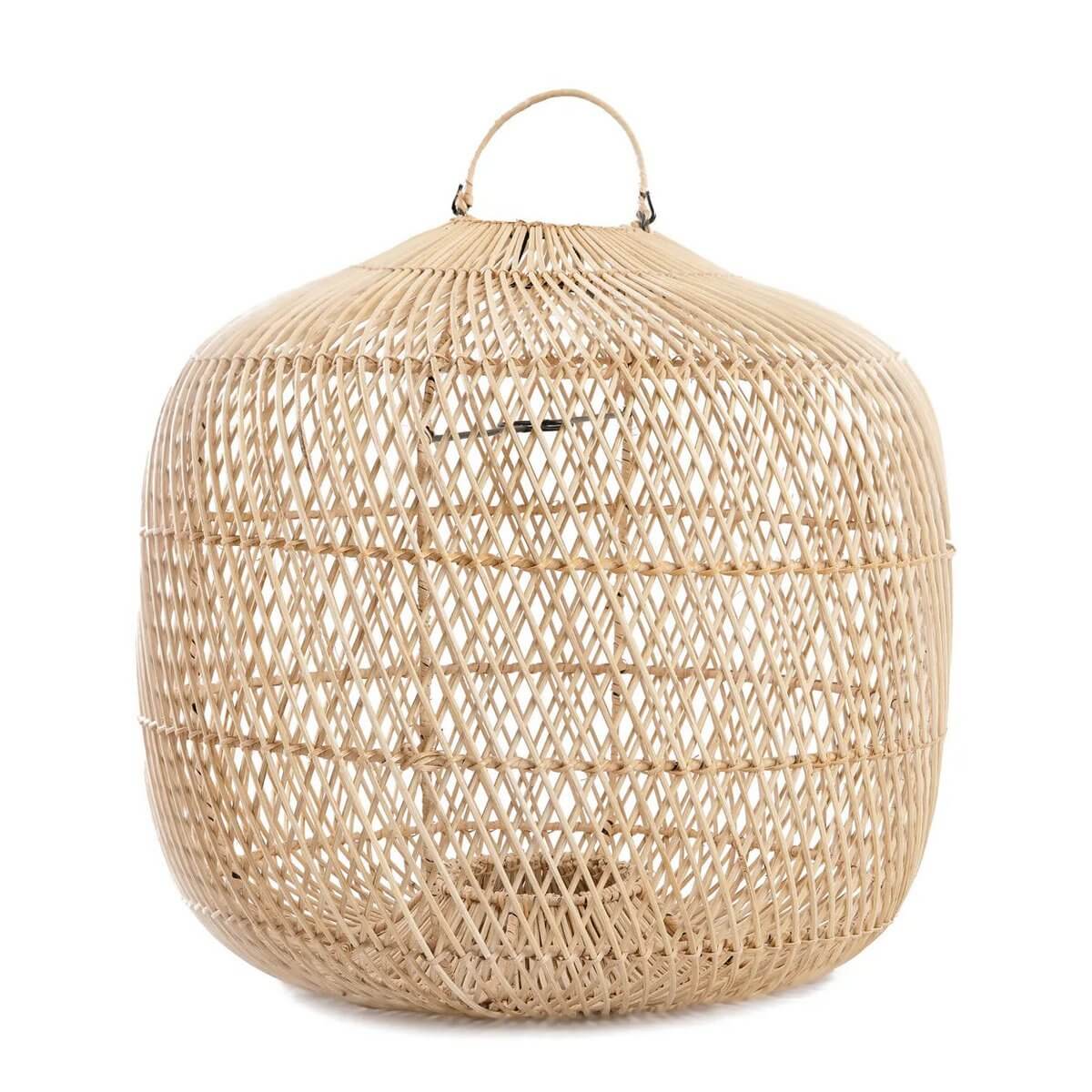 Bohemian style De Batu Bolong naturel woven rattan lampshade, versatile for hanging or standing, without wiring or plugs.