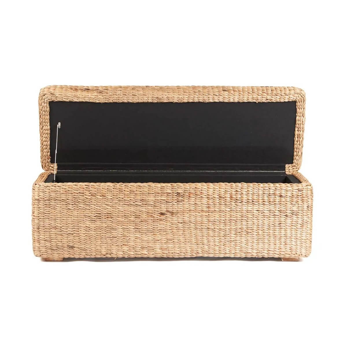 Bohemian De Big Sure Storage Ottoman with open lid and spacious interior, crafted from natural water hyacinth for rustic elegance.