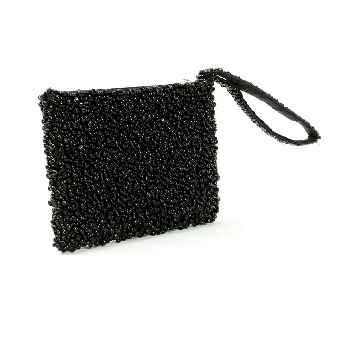 Bohemian Black Pearl Wallet with beaded texture and wrist strap, perfect accessory for a touch of mystery and style.