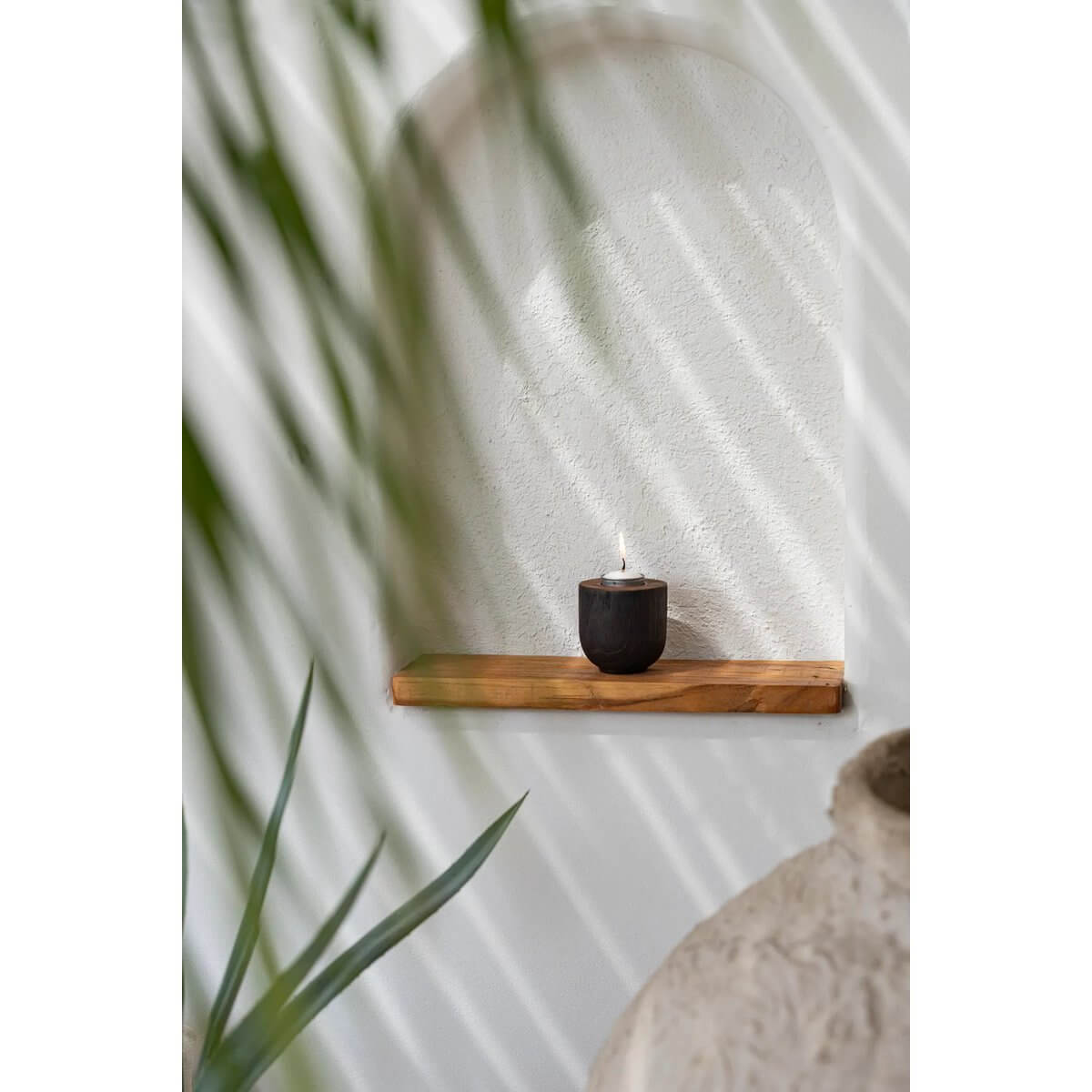 Black De Bondi Candle Holder on teak shelf with bohemian vibes, creating a cozy ambiance. Perfect minimalist decor accent.