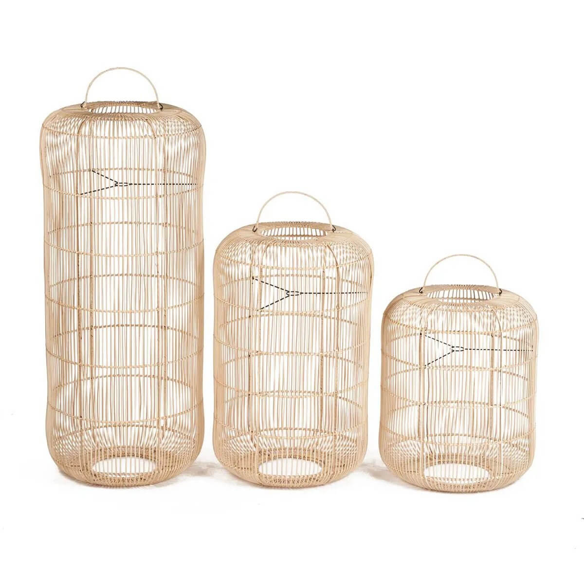 Set of three Bohemian-style natural rattan lamp pendants in varying sizes, perfect for adding warmth and elegance to any room.