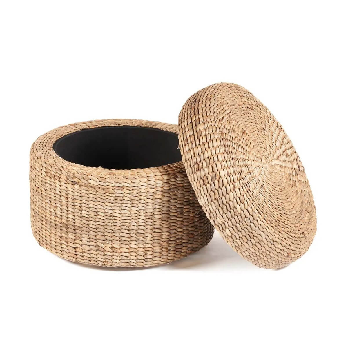 Bohemian Circle Storage Ottoman in natural finish, open to reveal interior. Perfect for stylish home storage and seating.