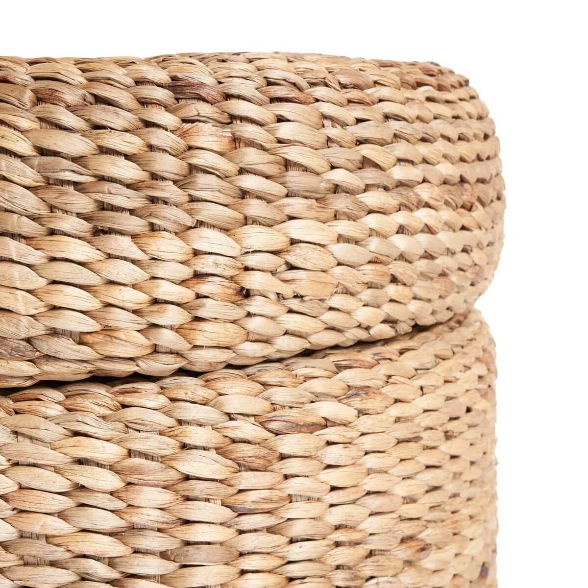 Close-up of woven natural fiber pattern on Bohemian Circle Storage Ottoman, showcasing textured style and functionality.