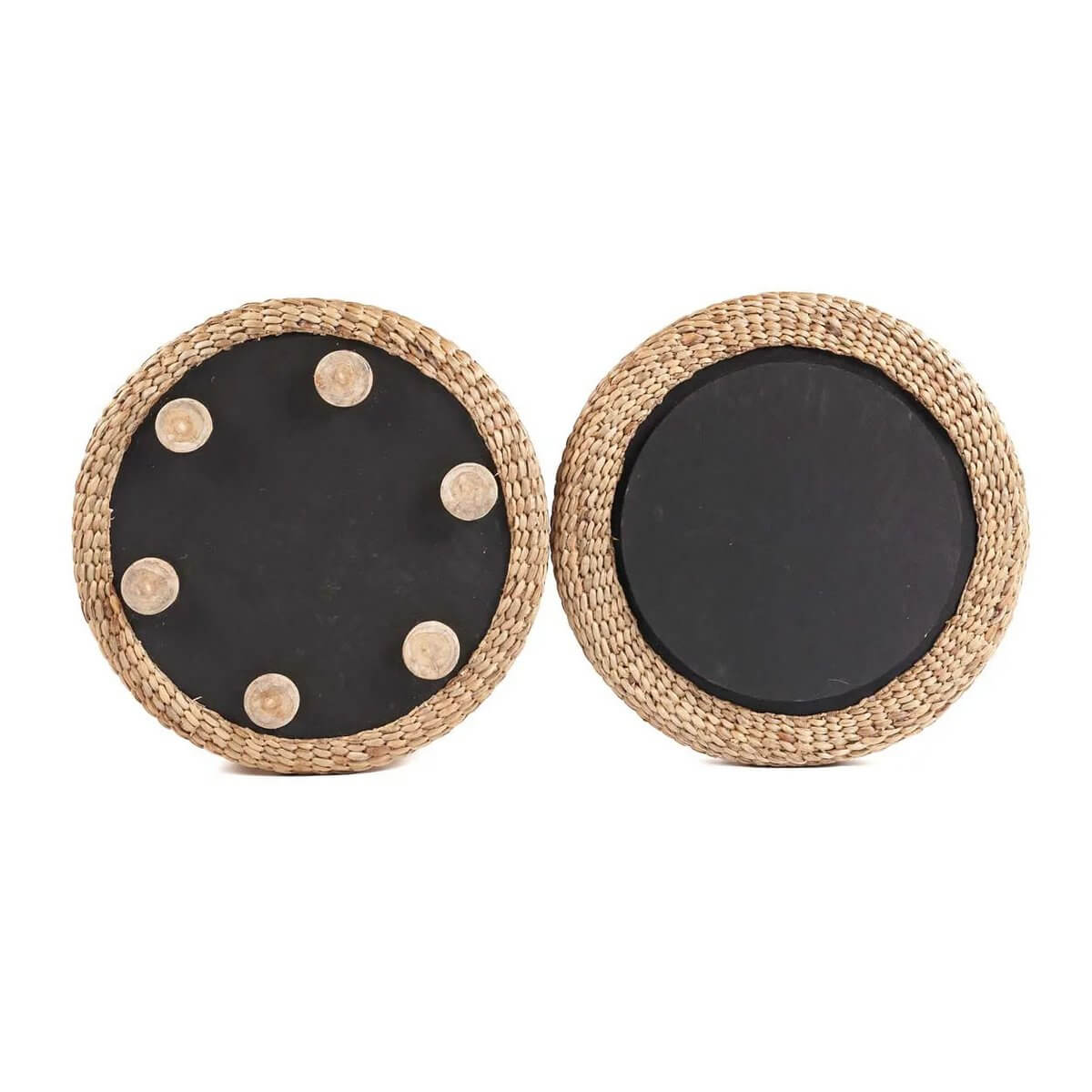Two round natural woven storage ottomans, highlighting Bohemian style with visible bottom and seating surface.