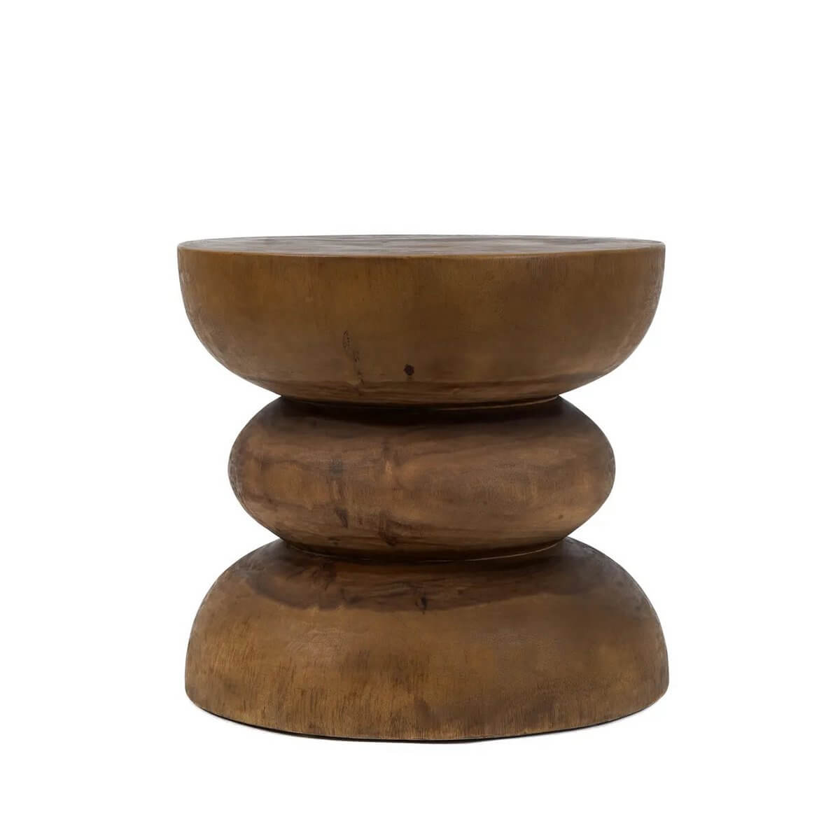 Bohemian spiral wooden stool, handcrafted from solid Mungurr-wood, versatile for living room, bathroom, or garden; unique natural finish.