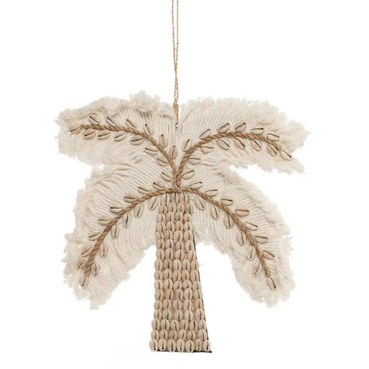 Bohemian De Cotton Shell Palmboom decor in beige and white, made from cotton and shells by Bazar Bizar Living, 27cm tall.