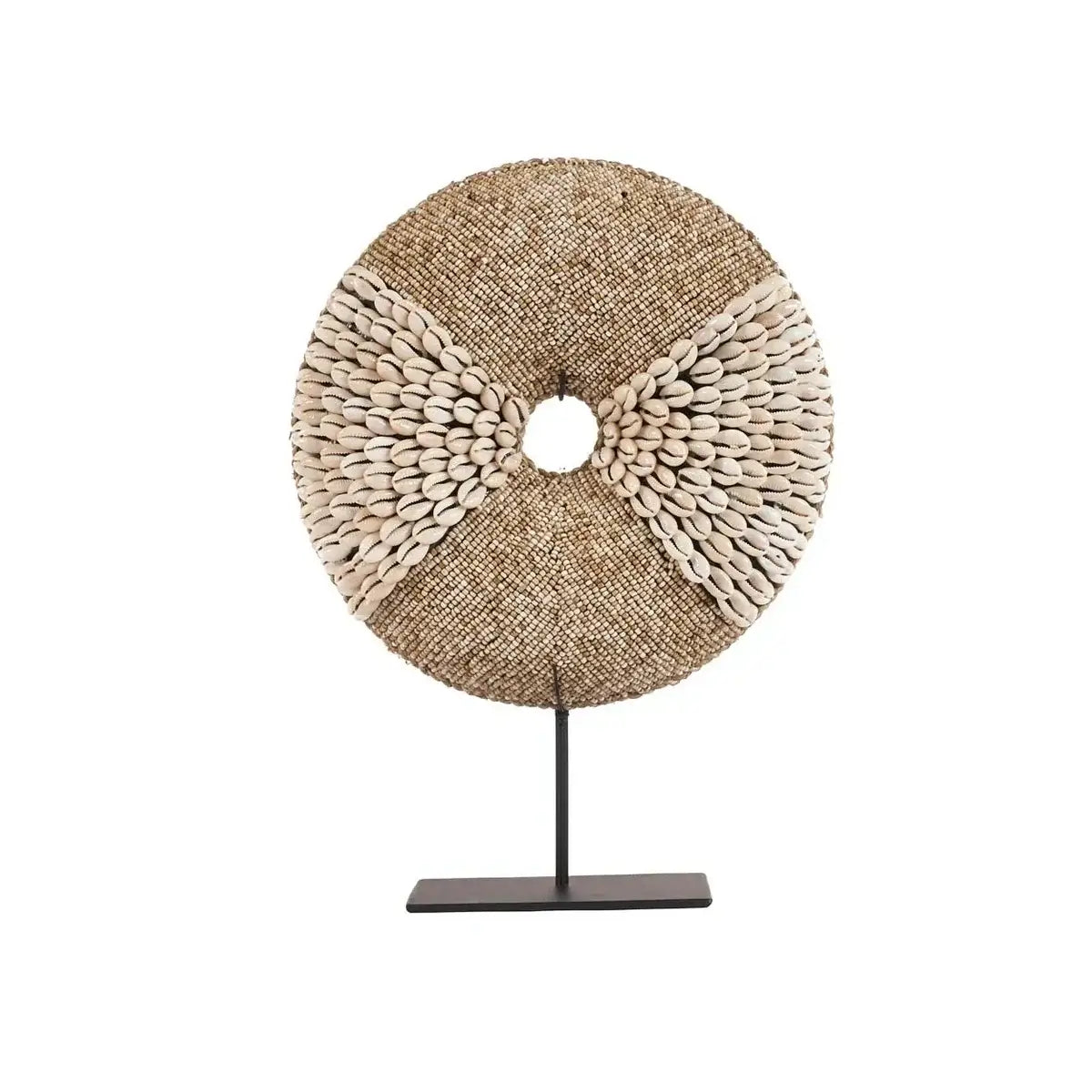 Artistic round sculpture on stand with natural white textures, offering elegance and charm to any interior space.