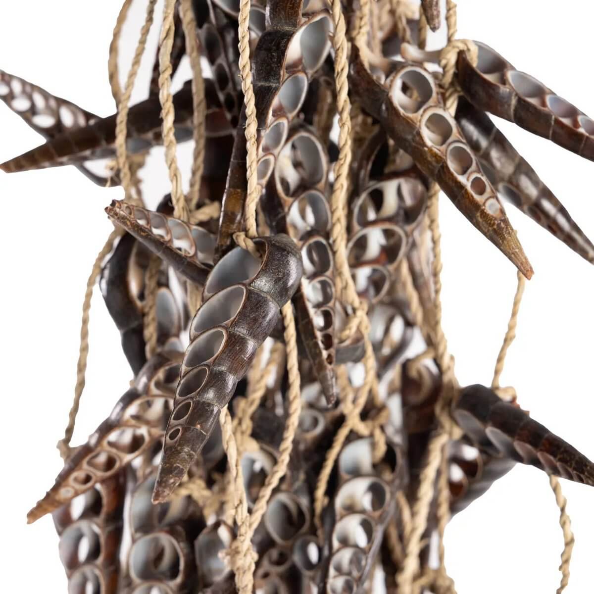 Bohemian brown shell tassel with unicorn horn-like shapes, perfect for decor. Unique craftsmanship with natural shells and rope.
