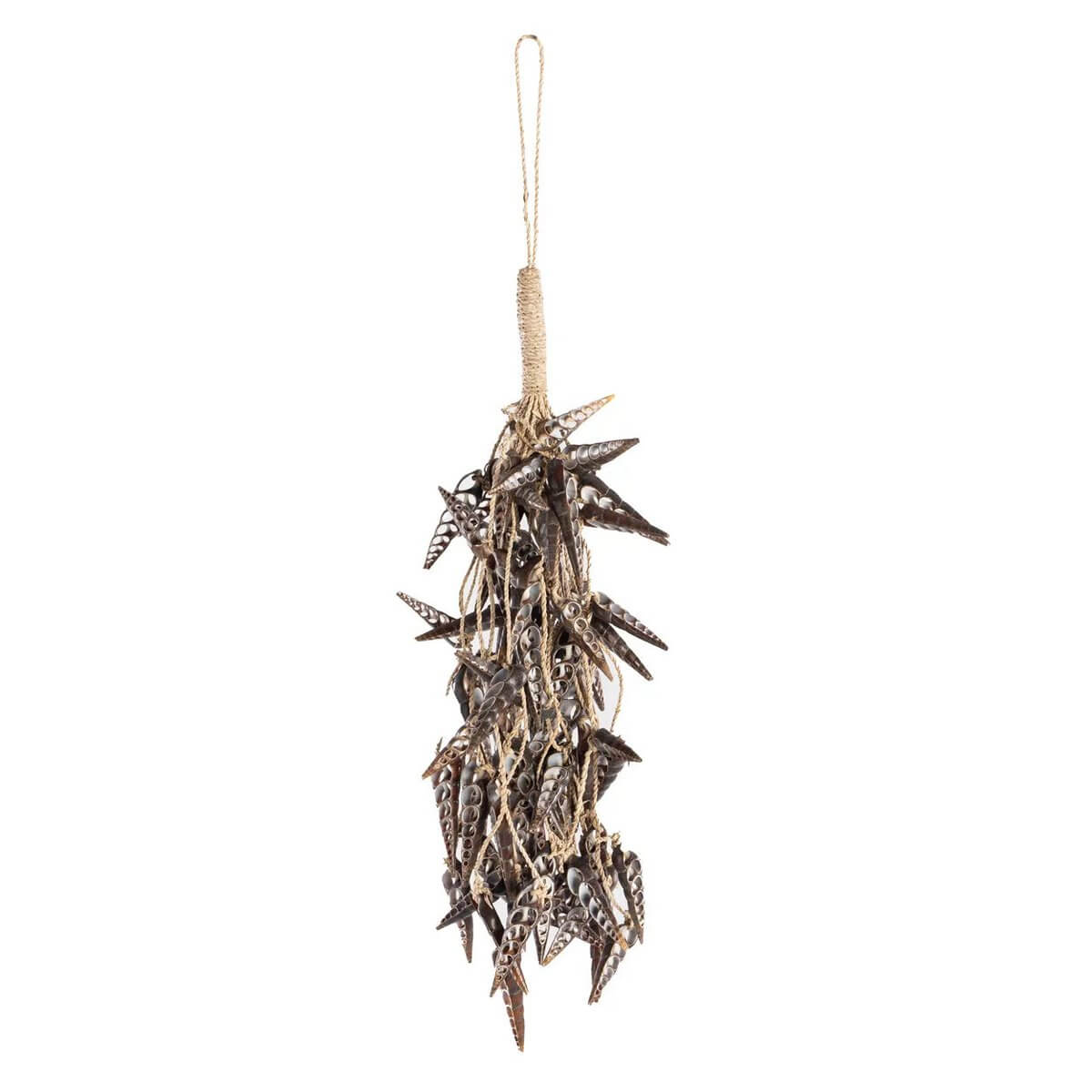 Bohemian style brown tassel with unique unicorn horn-shaped shells, perfect as a keychain or wall decoration.