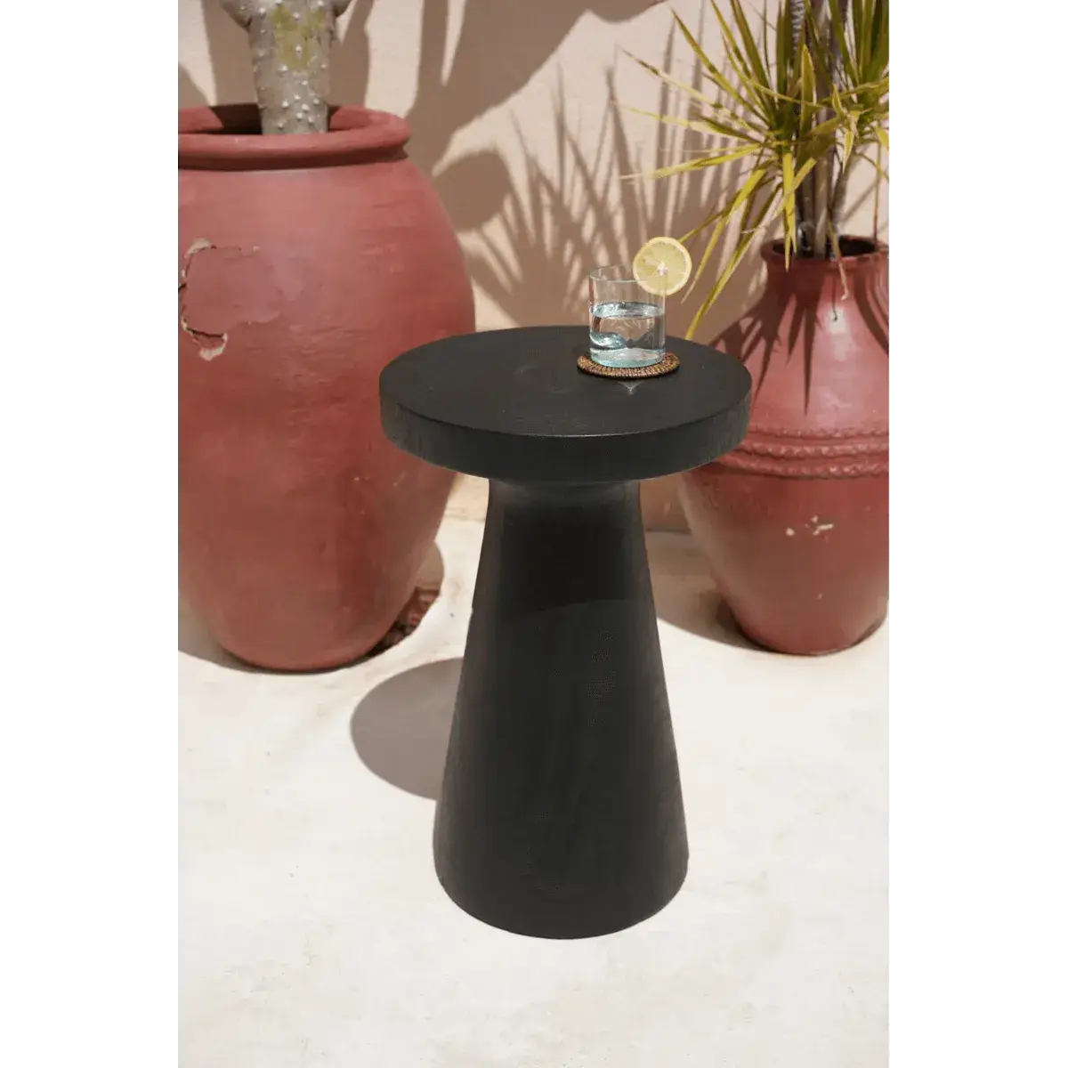 De Fiji bijzettafel in zwart suarhout, met een bohemian stijl, perfect voor een moderne inrichting. Gecombineerd met terracotta potten.