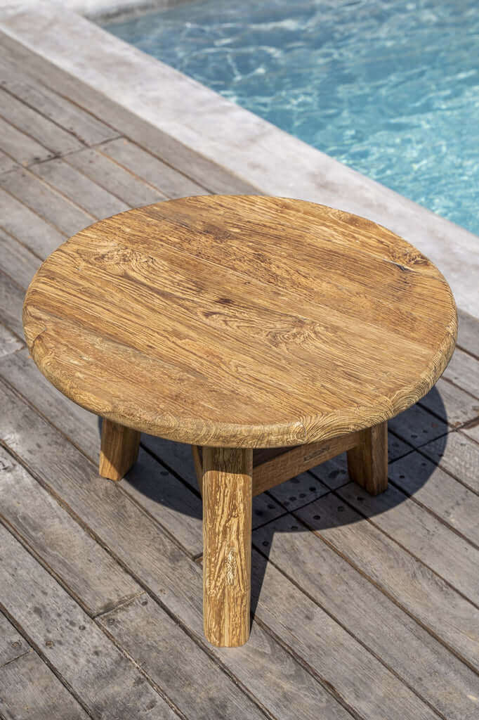 Ronde Fusuma salontafel van gerecycled teakhout, perfect voor elk interieur, met een rustieke en natuurlijke uitstraling.