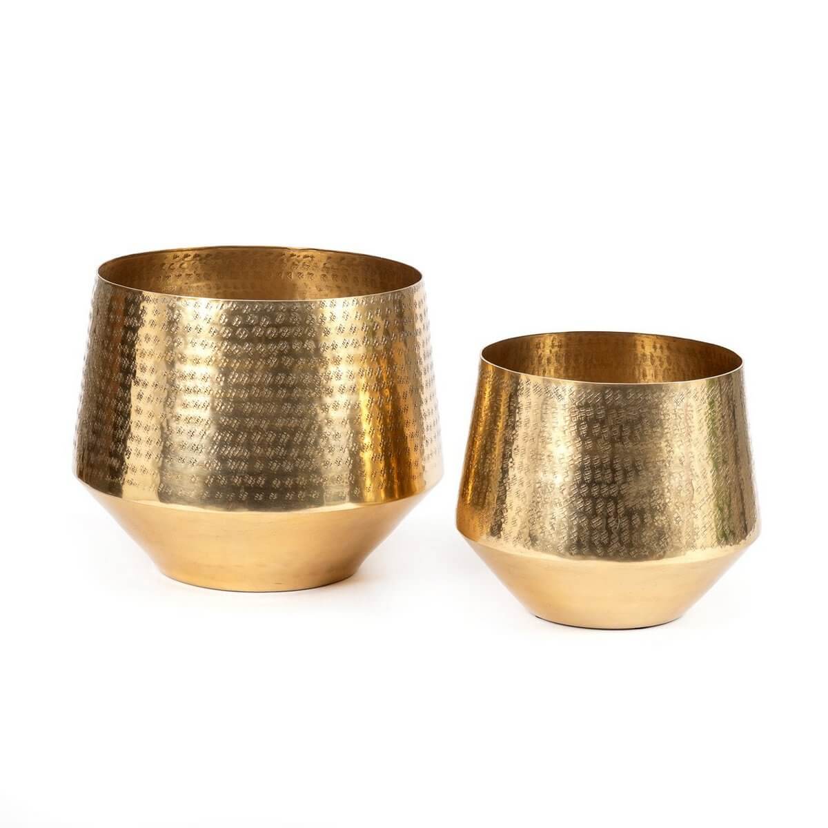 Two hammered brass planters with tapered design, adding a touch of elegance and oriental flair to any interior space.