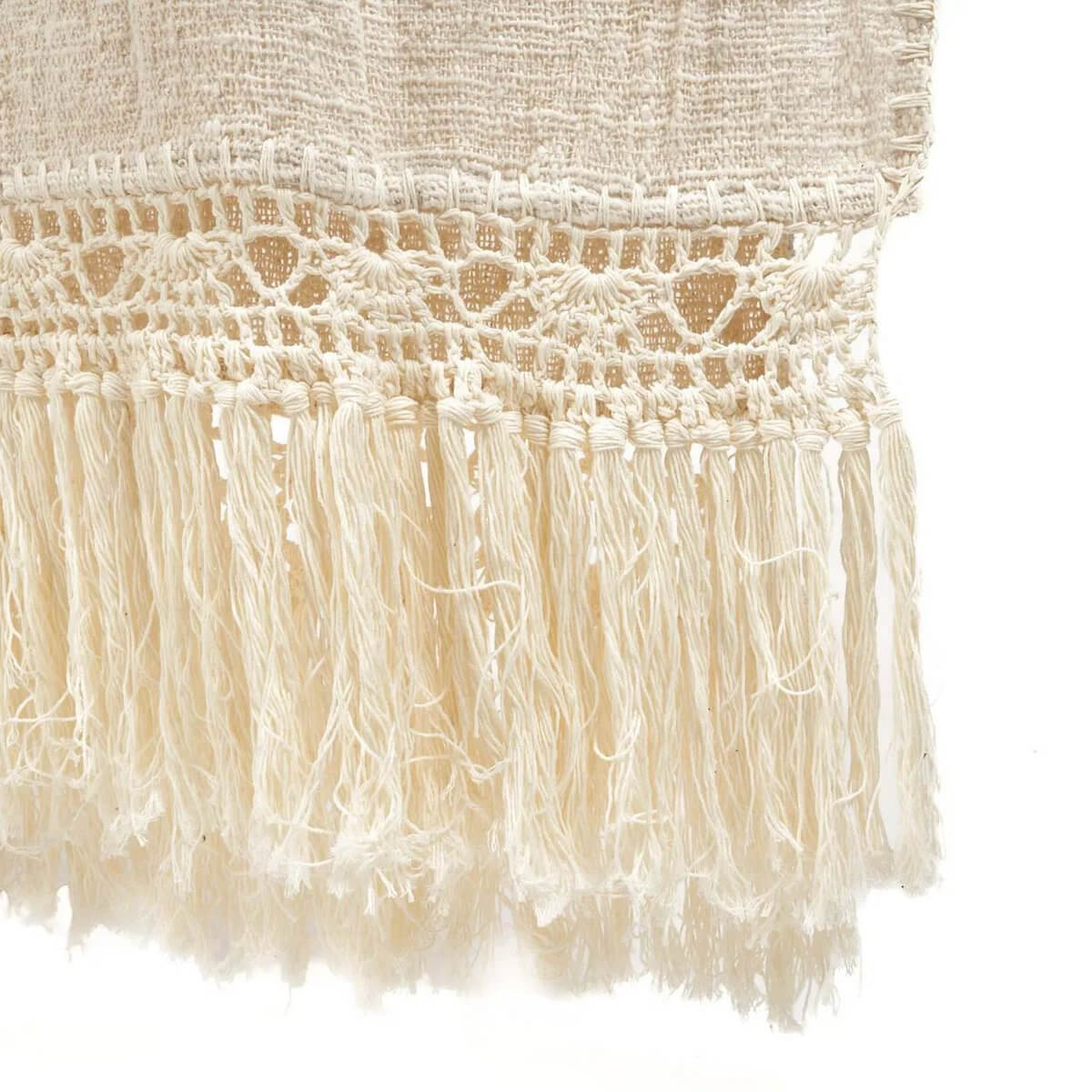 Bohemian Gypsy Bed Throw in natural color with delicate fringe and crochet details, adding warmth and style to any decor.