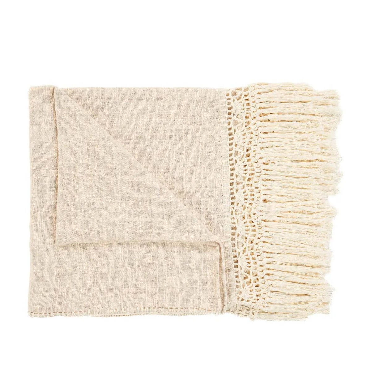 Bohemian-inspired natural Gypsy bed throw with fringe, perfect for adding warmth and style to any space.