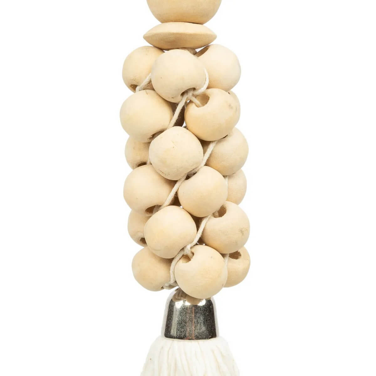 Bohemian style keychain with natural white wooden beads and cotton tassel, adding rustic elegance to everyday essentials.