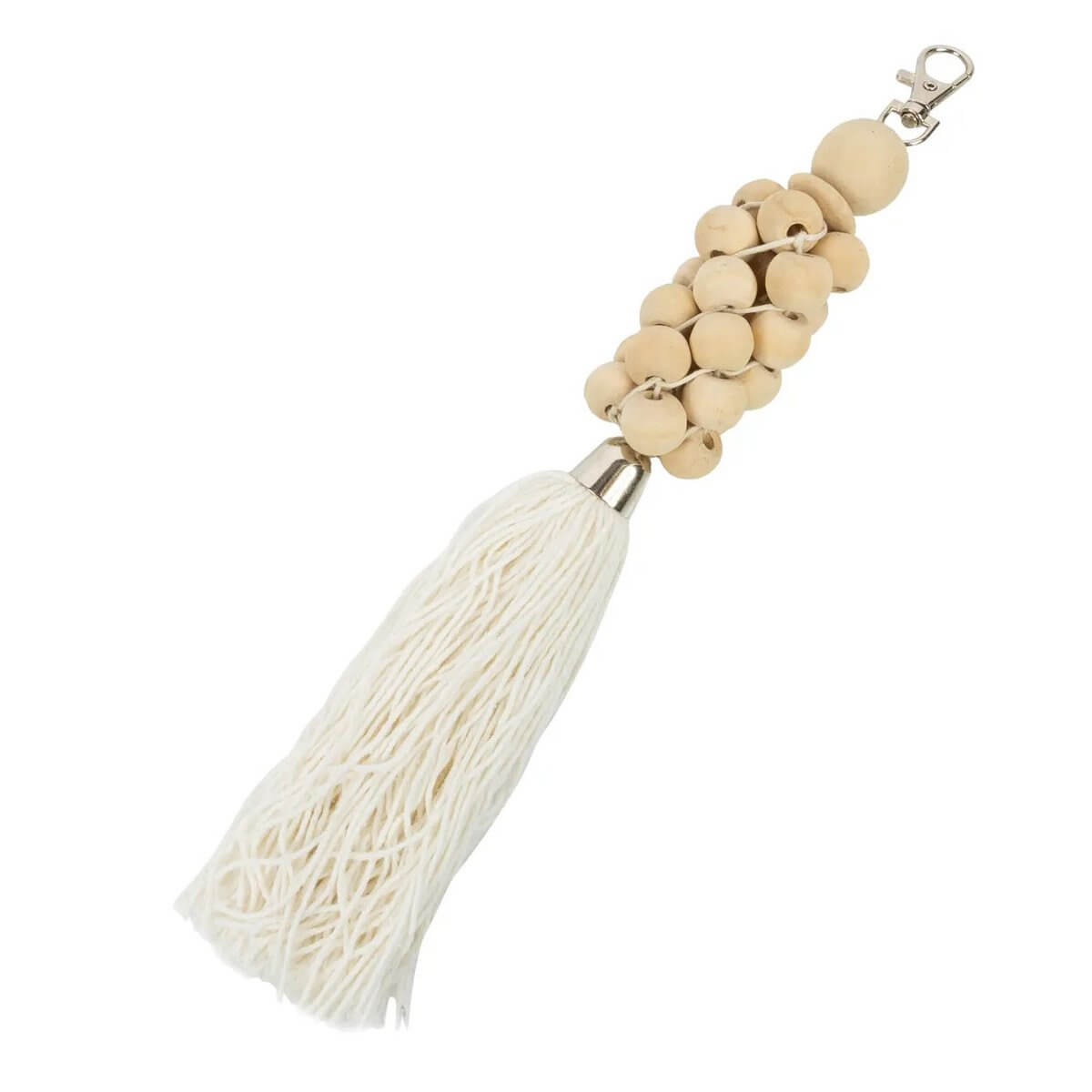 Bohemian-style keychain with natural white wooden beads and cotton tassel, blending rustic charm with tactile elegance.