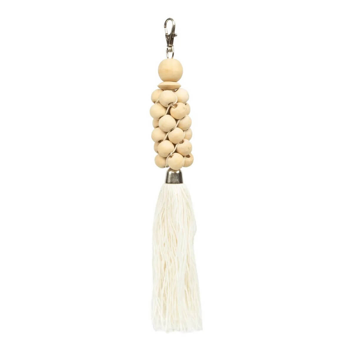 Bohemian style wooden bead keychain with natural white cotton tassel, offering rustic elegance and tactile charm.
