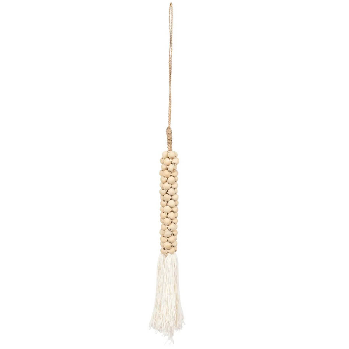 Bohemian natural white cotton tassel with wooden beads, handcrafted by Balinese artisans, perfect for boho home decor accents.