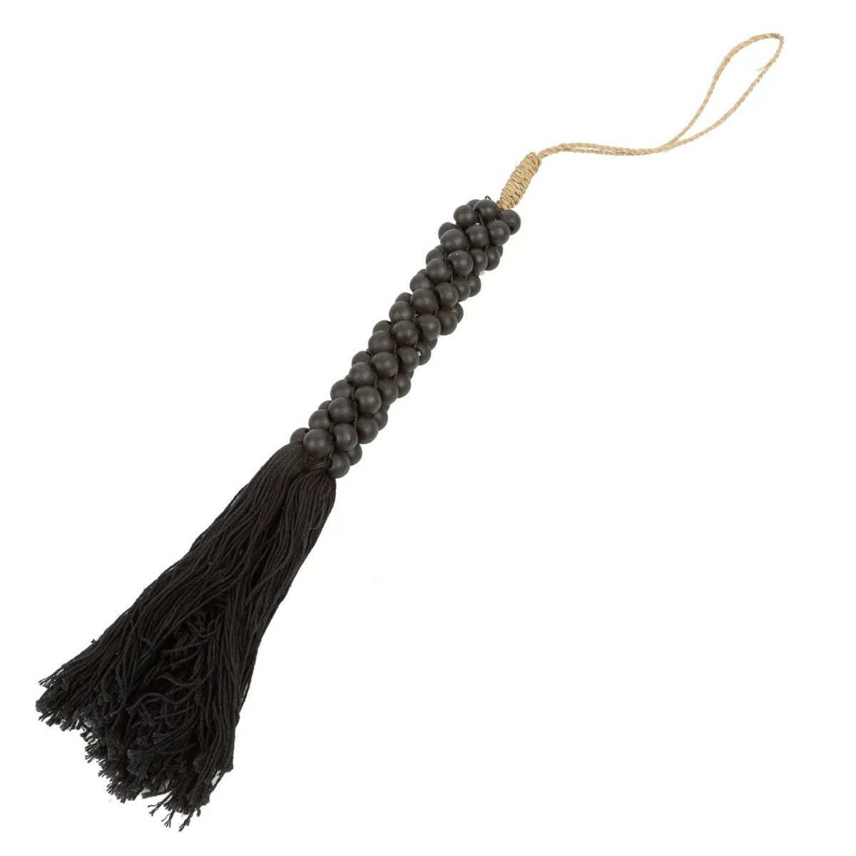 Bohemian black cotton tassel with wooden beads, handcrafted for a chic exotic touch, by Bazar Bizar Living. Perfect decor accent.