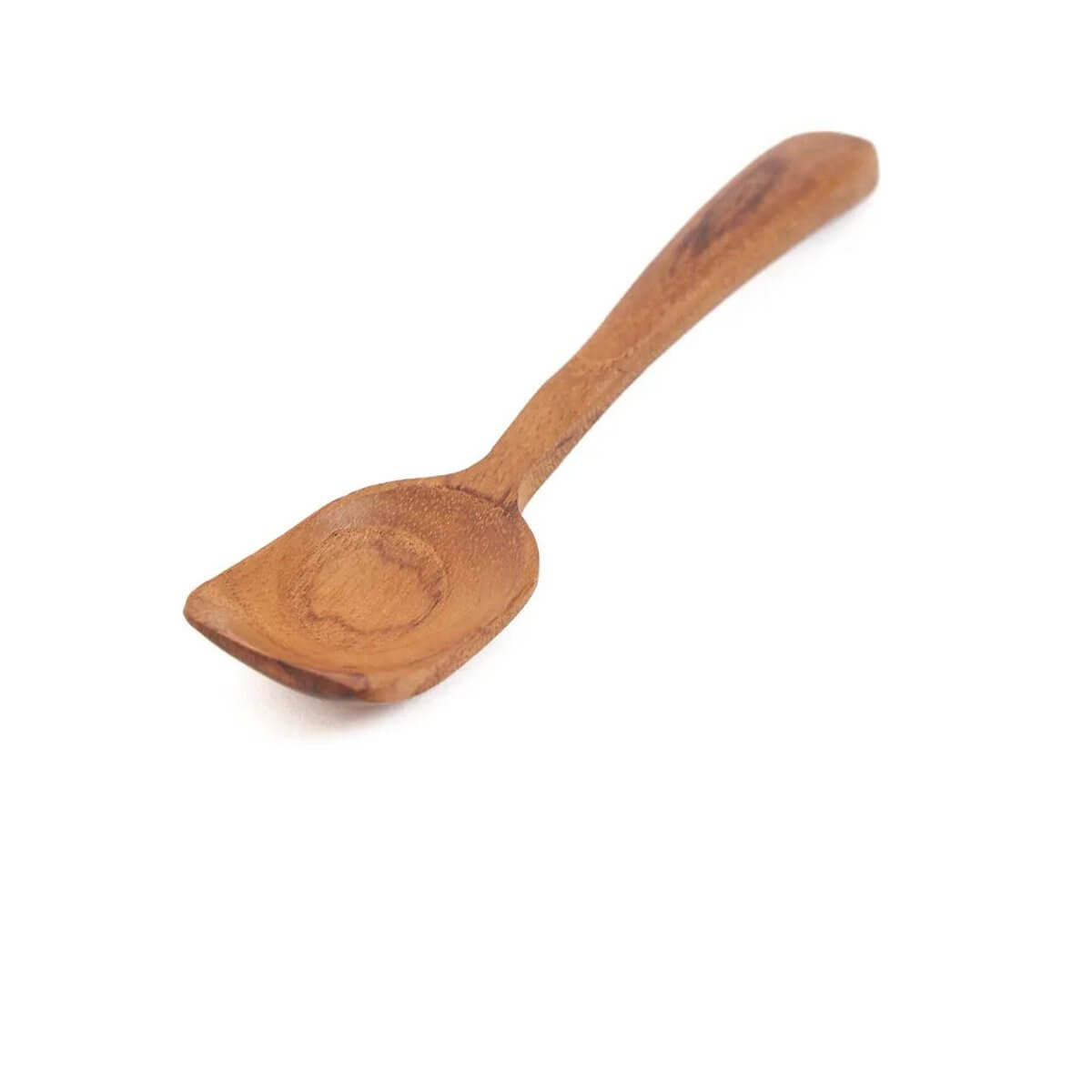 Handmade teakhout ijslepel met natuurlijke houtnerf, ideaal voor een bohemian dessertbeleving.