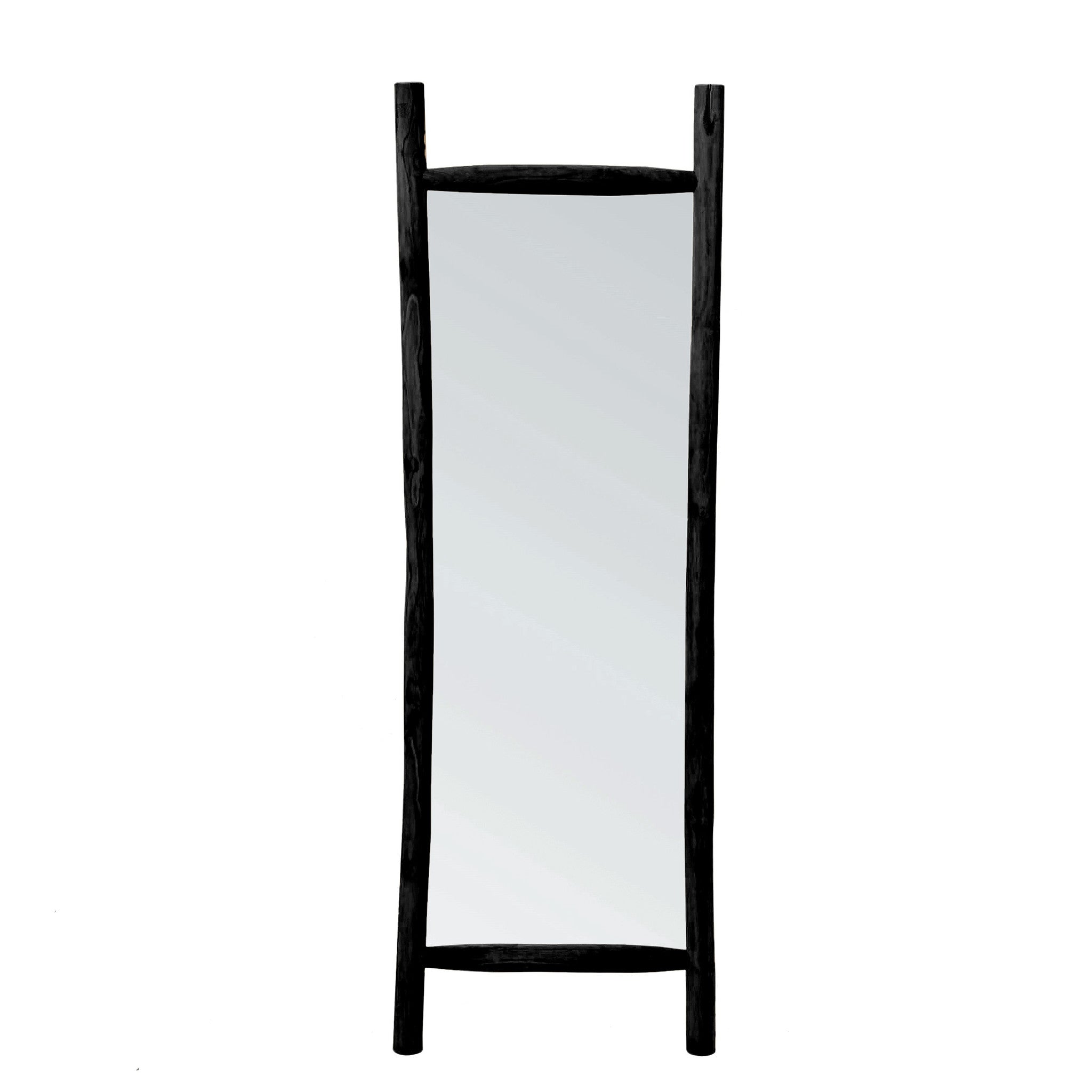 Grote zwarte vloerspiegel, handgemaakt decoratief stuk voor kleedkamer of slaapkamer, creëert ruimtelijk effect. Uniek ontwerp.