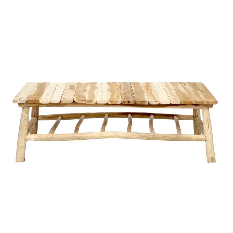Massief teakhouten salontafel, handgemaakt voor een zomerse sfeer op terras of patio, duurzaam en weerbestendig.
