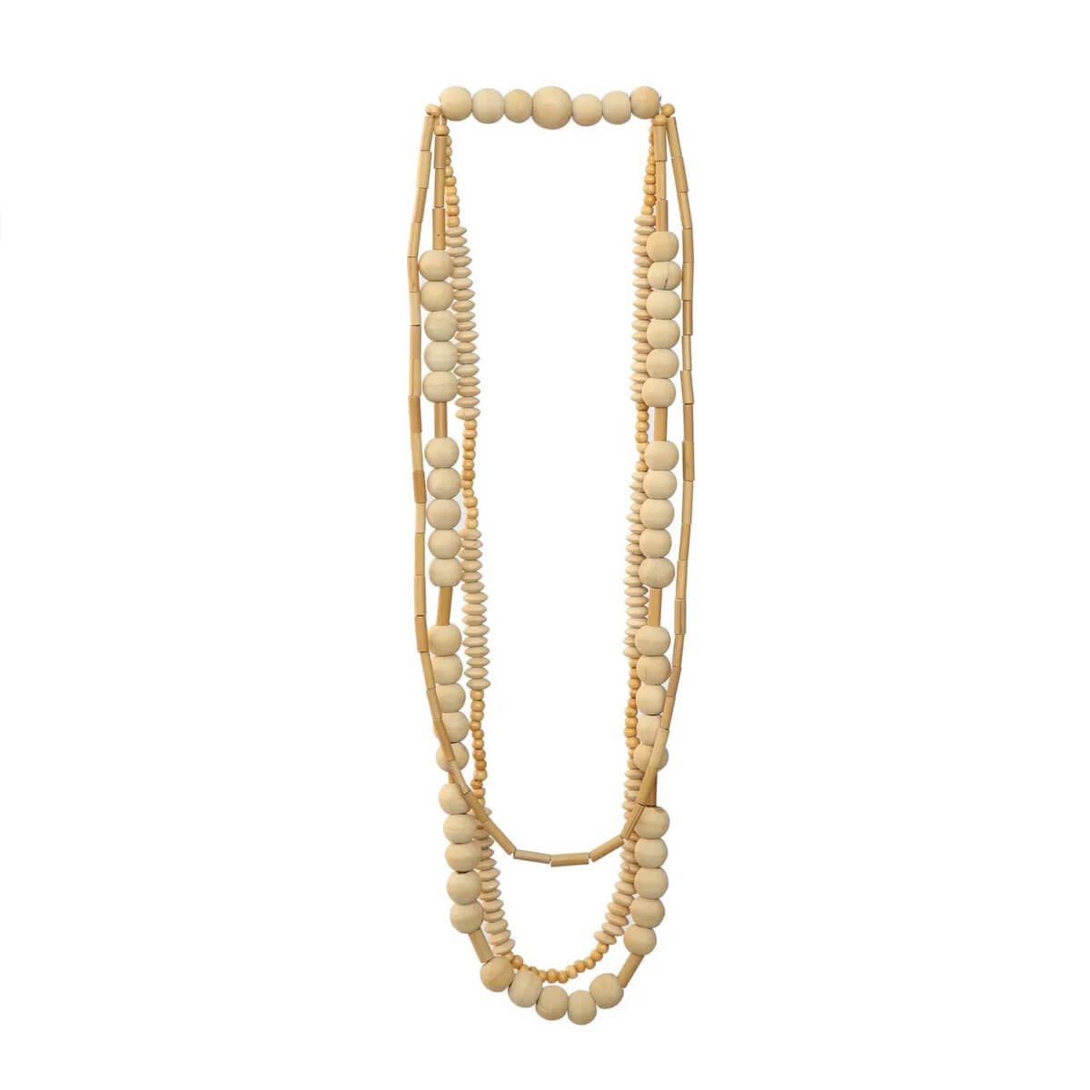 Bohemian Jimbaran-inspired necklace showcasing natural wood beads with a tropical essence.
