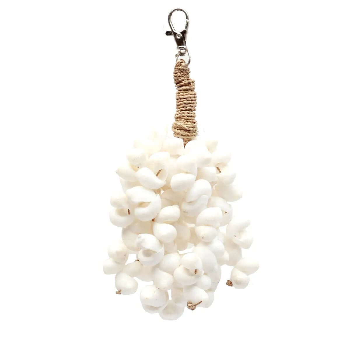 Bohemian keychain with white cowrie shells and tassels, adding coastal elegance to keys.