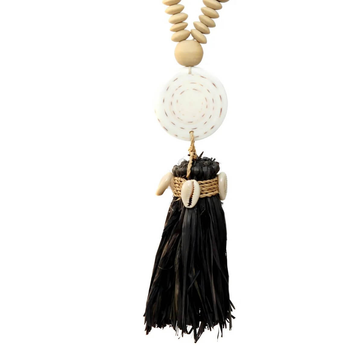 Bohemian De Lovina ketting with natural black shell and wooden elements, inspired by Bali's Lovina coast, elegant accessory.