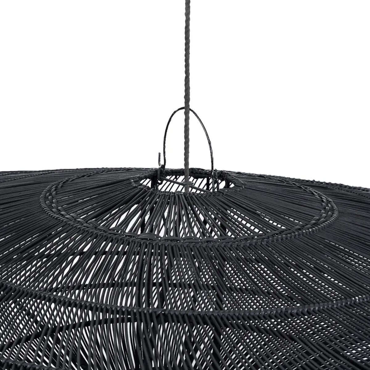Alt Tag: Close-up of black rattan Macaron XL pendant light, showcasing Bohemian design and intricate weaving for elegant interiors.